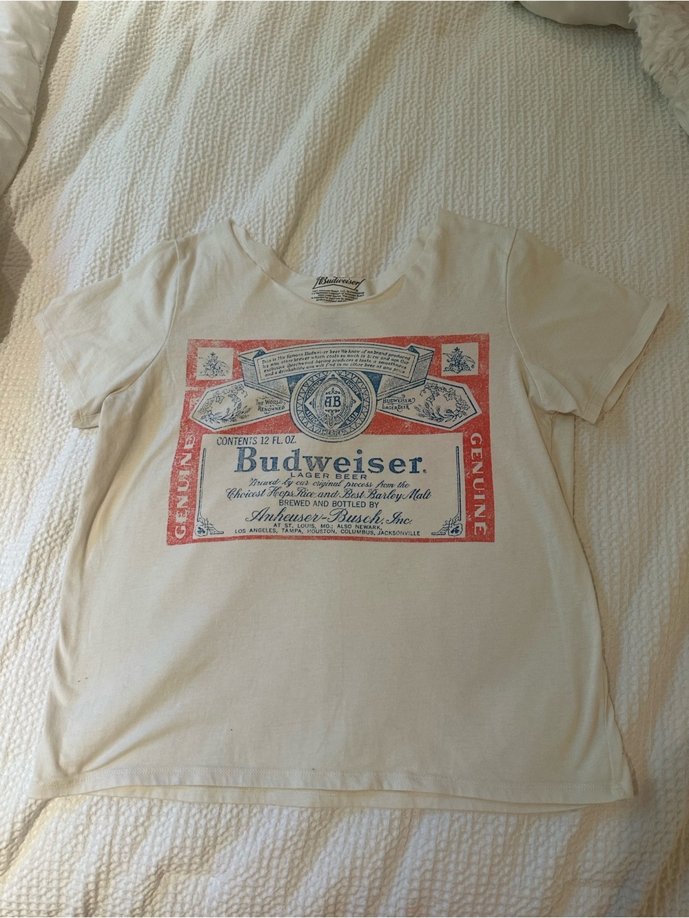 Budweiser Cream Short Sleeve Tee with Red and Blue Logo
